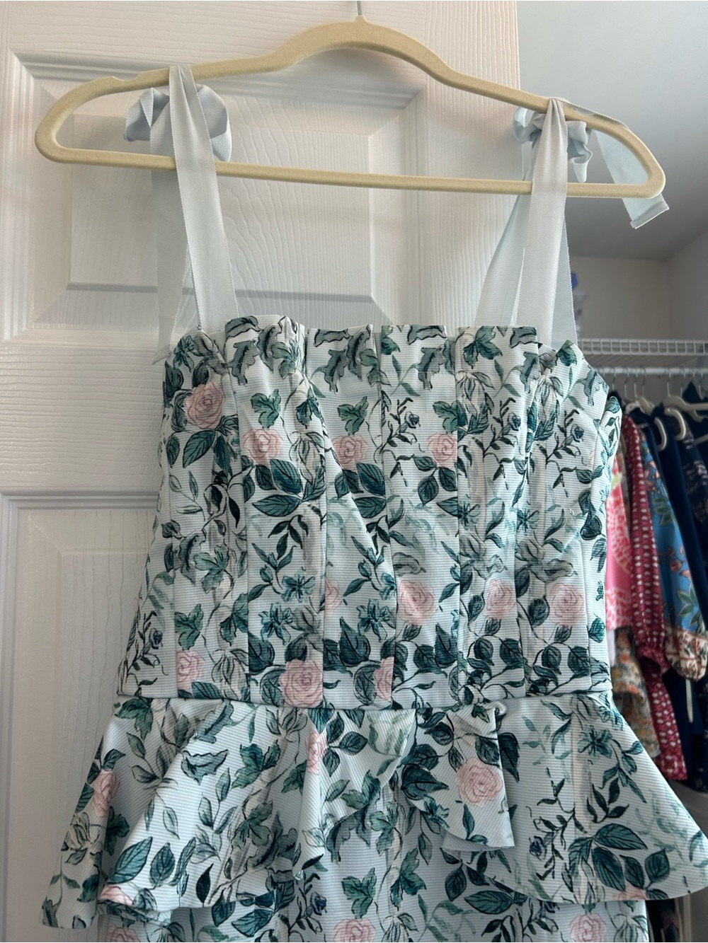 ANTONIO MELANI Light Blue Floral Tie-Shoulder Peplum Dress